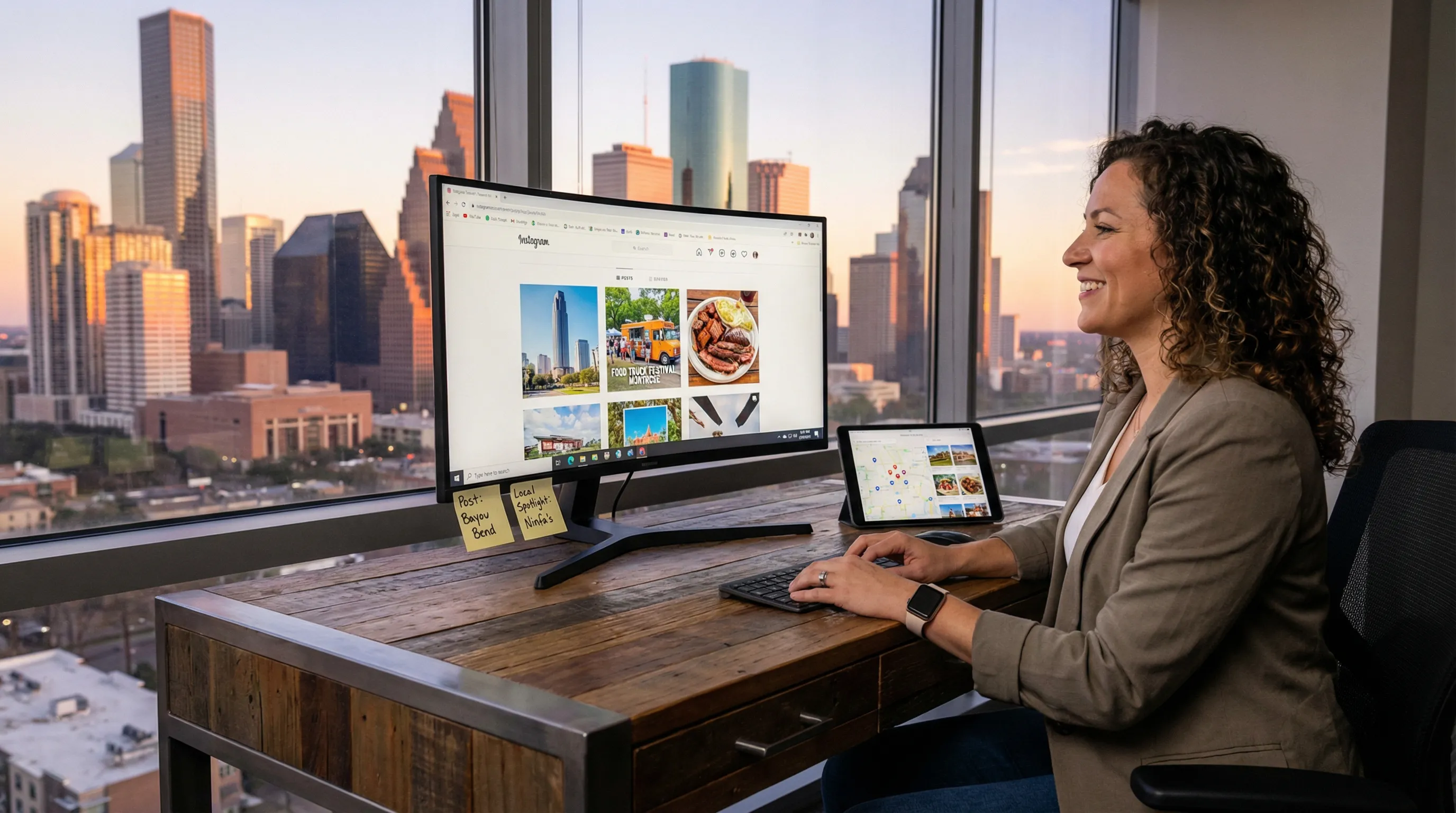 Marketing professional planning Houston-focused social media content with local imagery and city skyline in view.