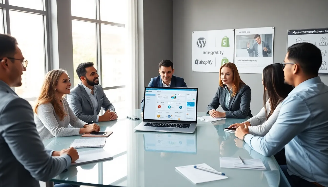 professionals collaborating in a modern office using WebBizMagnet software.