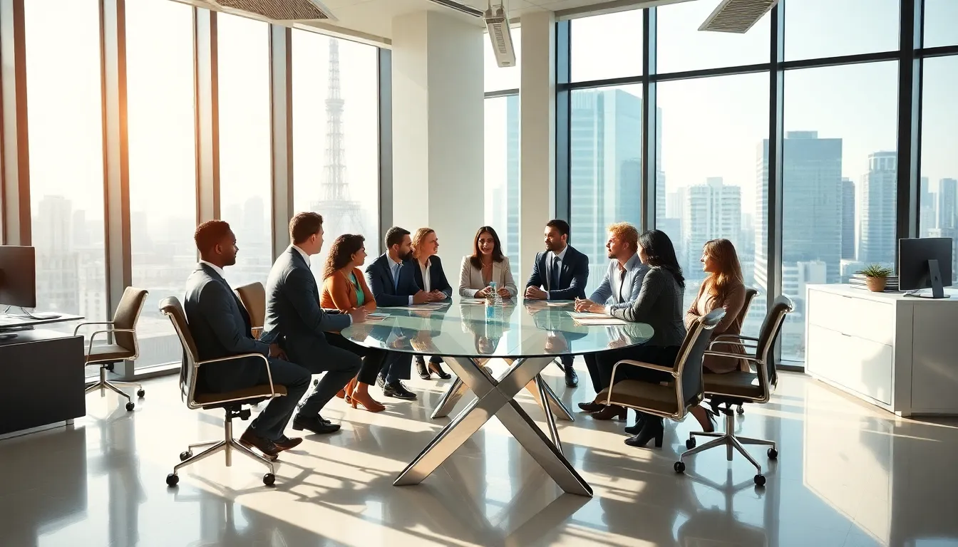 diverse professionals collaborating in a modern financial office.