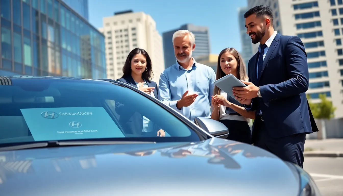 professionals discussing a Hyundai software update near a modern vehicle.