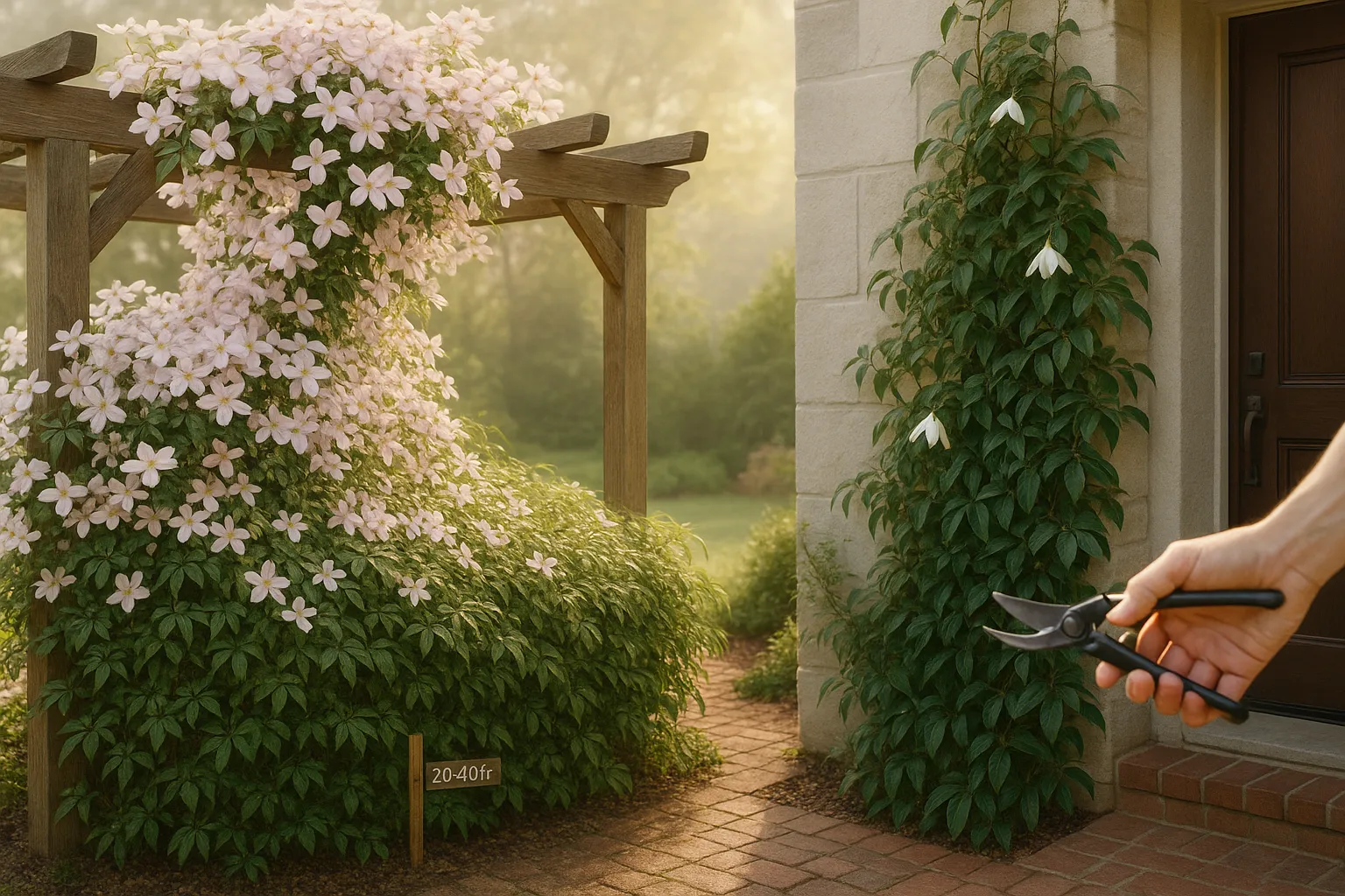 Clematis montana sprawling on a pergola beside tidy Clematis armandii on a stone wall.