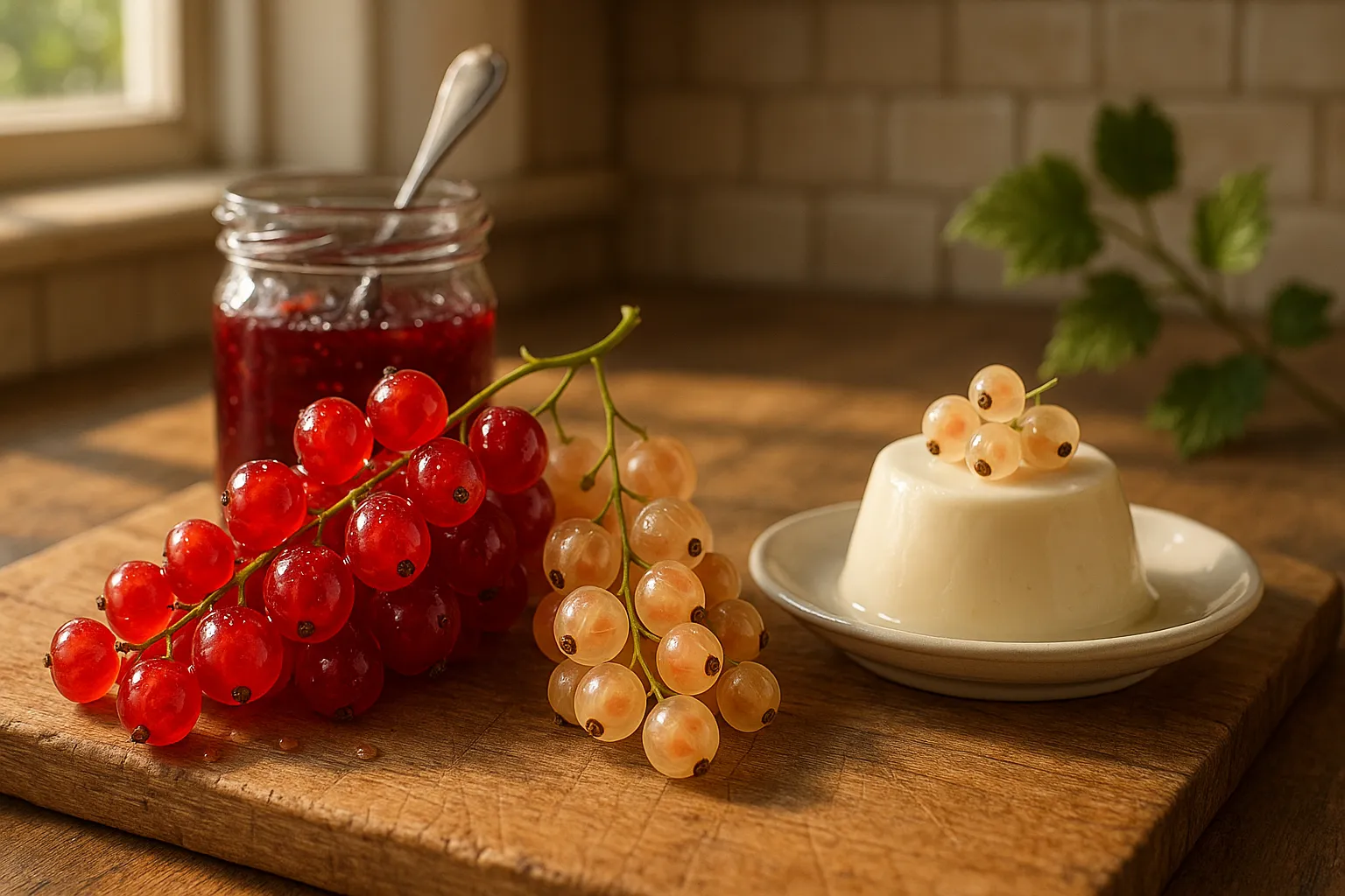 close-up of redcurrants and translucent whitecurrants on a wooden board