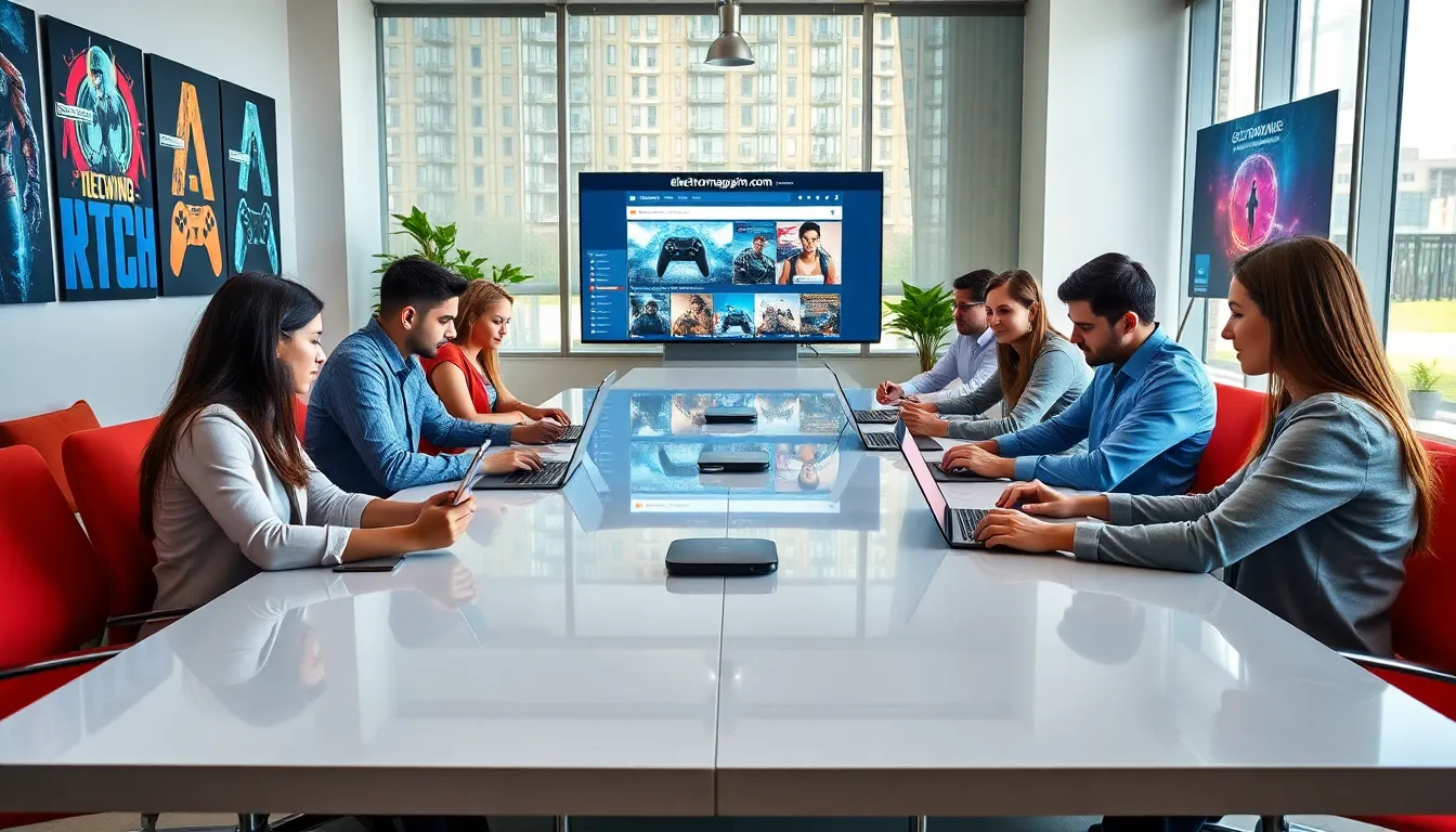 diverse team collaborating on gaming topics in a modern office.