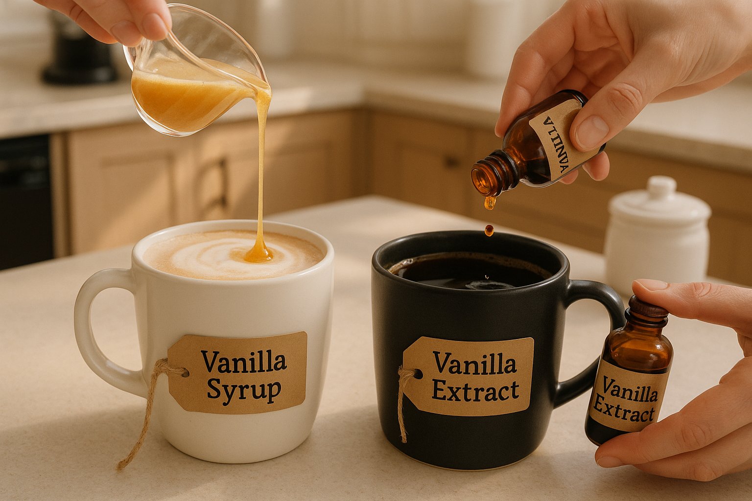 two coffee mugs, one with vanilla syrup, one with vanilla extract, side by side
