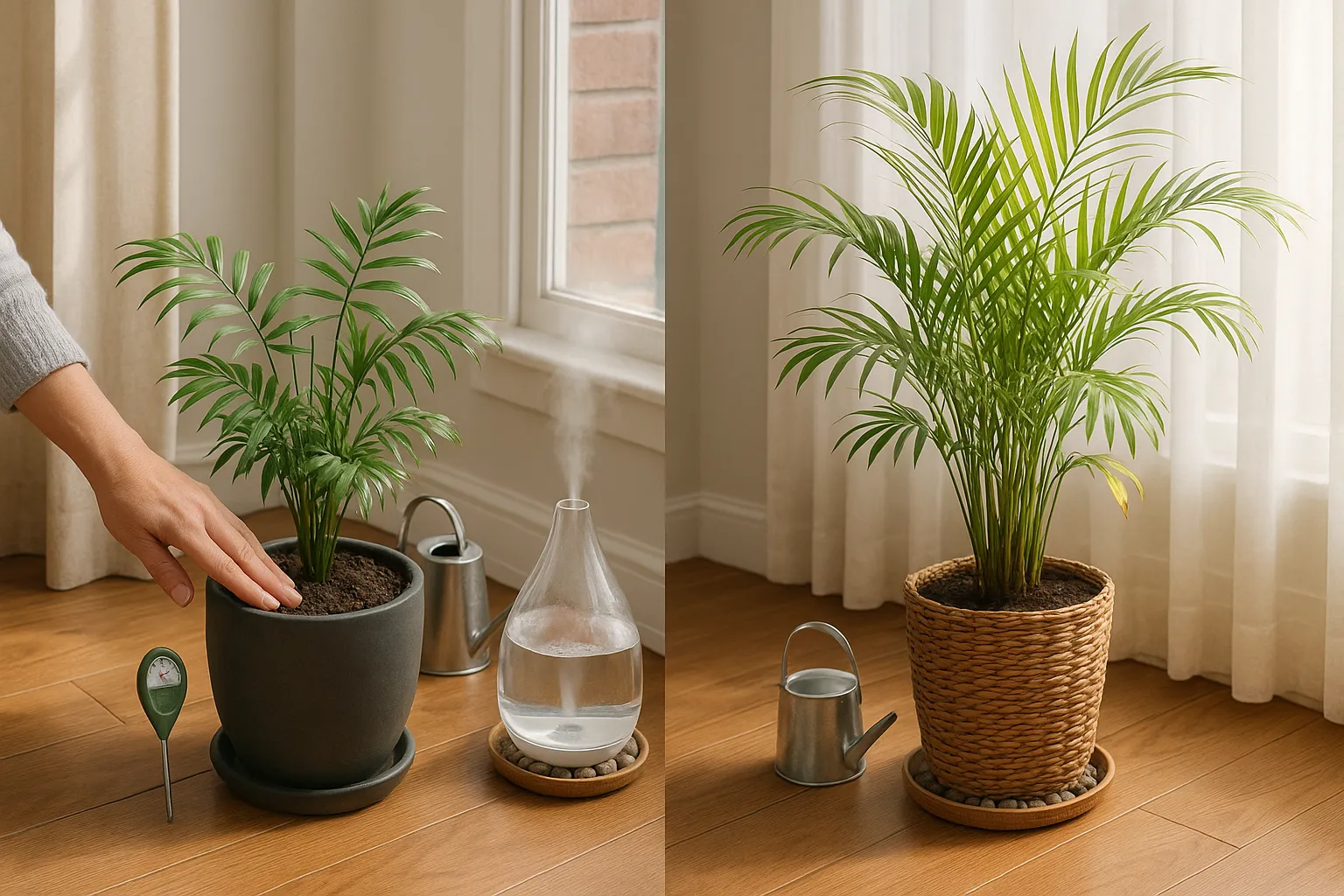 Two indoor palms side-by-side showing different light and watering conditions.