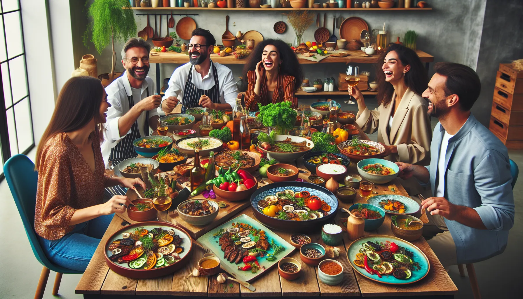 diverse group cooking CWBIAN cuisine in a modern kitchen setting.