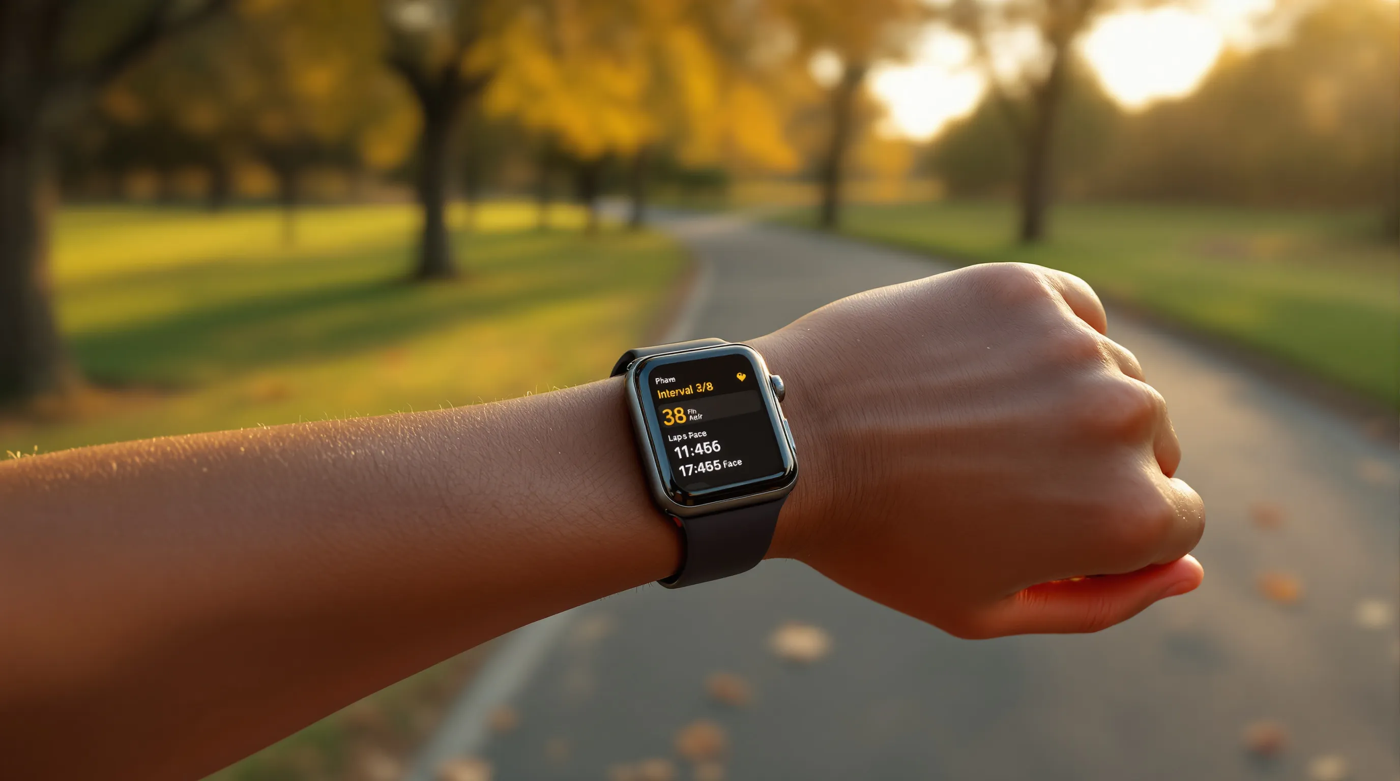 Runner checks Apple Watch pace alert during custom interval workout at sunrise.