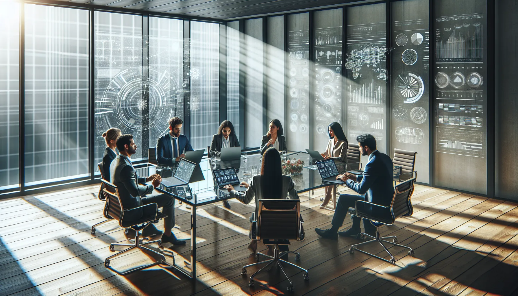 diverse team discussing technology in a modern office setting.