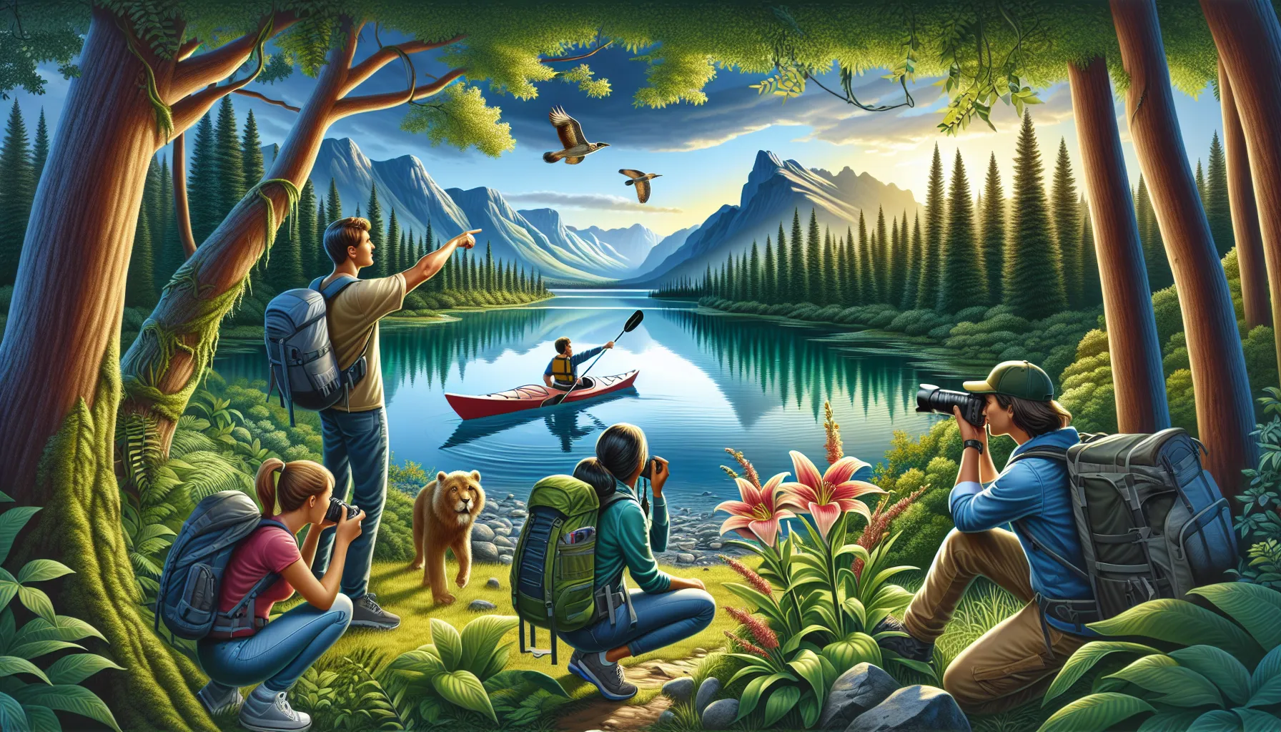 diverse group enjoying outdoor activities in Mourrdale's natural landscape.