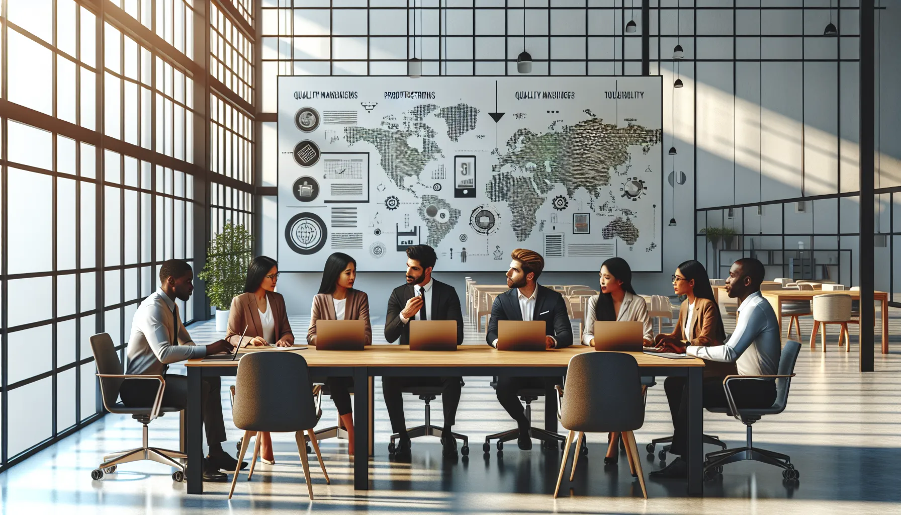 diverse team collaborating over Lenovo laptops in a modern workspace.