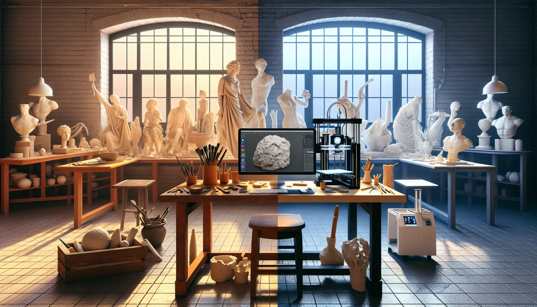 An art studio showcasing traditional sculpting tools and digital 3D modeling equipment.