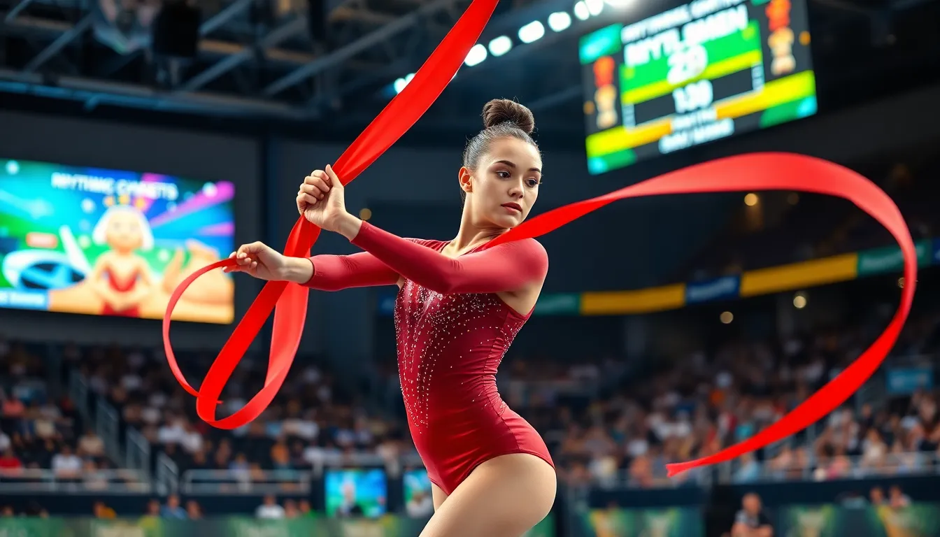 A gymnast performing with a ribbon in a vibrant competition arena.