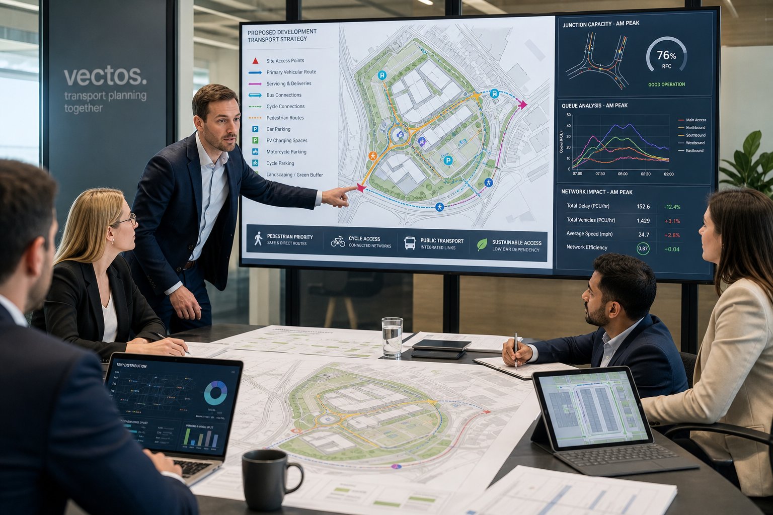 Transport planners reviewing site access, traffic, parking, and sustainable travel plans.