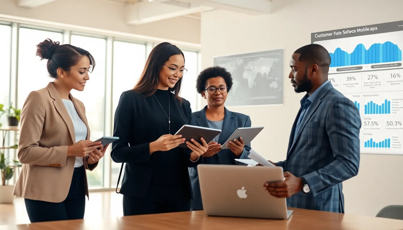 team discussing customer service mobile apps in a modern office.