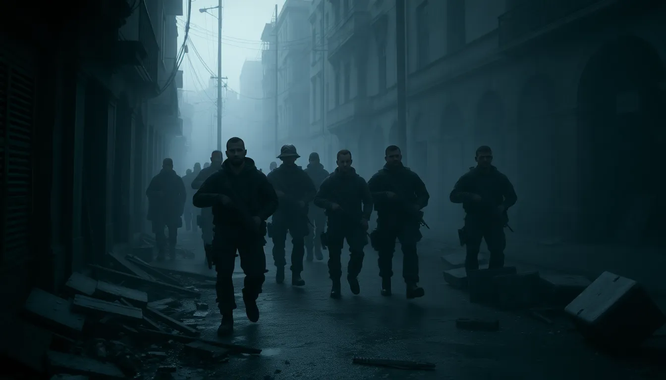 soldiers navigating a foggy urban battlefield.