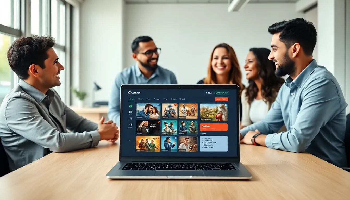 Professionals engaging around a laptop displaying CK2 generator website.