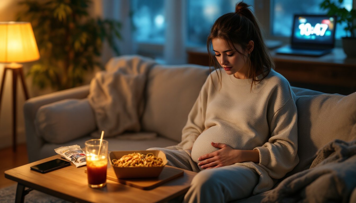 A tired woman on a sofa at night with late-night takeout and ice water.