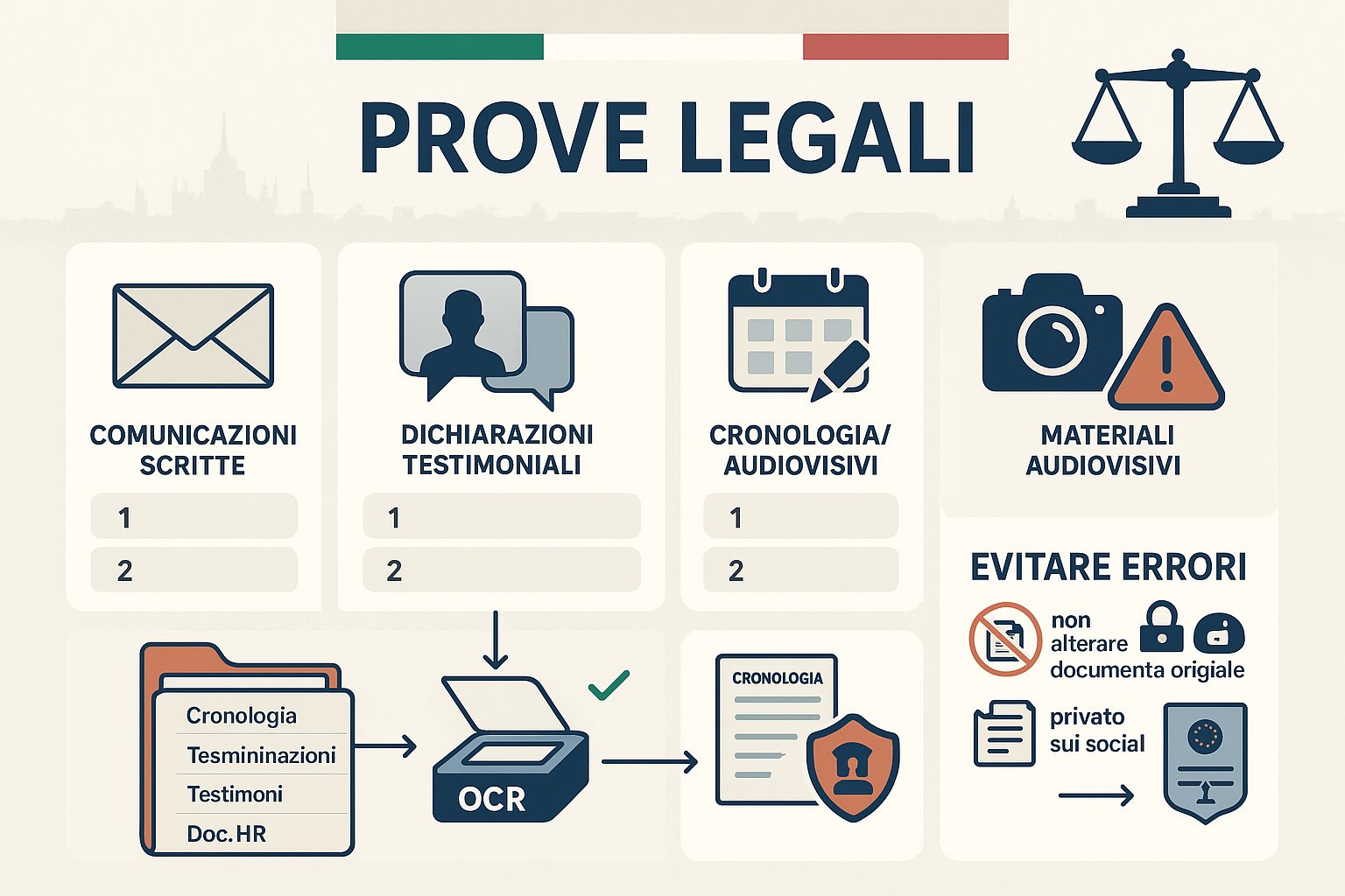 Infografica che mostra i passi per raccogliere e organizzare le prove di discriminazione sul posto di lavoro in Italia.