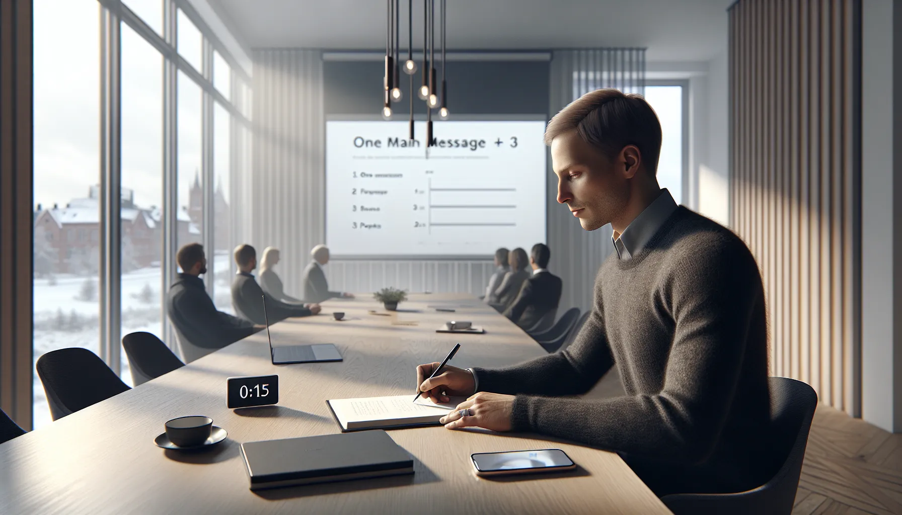 Slik kan du forbedre muntlige presentasjoner med enkle teknikker 2 Presenter in a norwegian meeting room outlining one key message and three points.