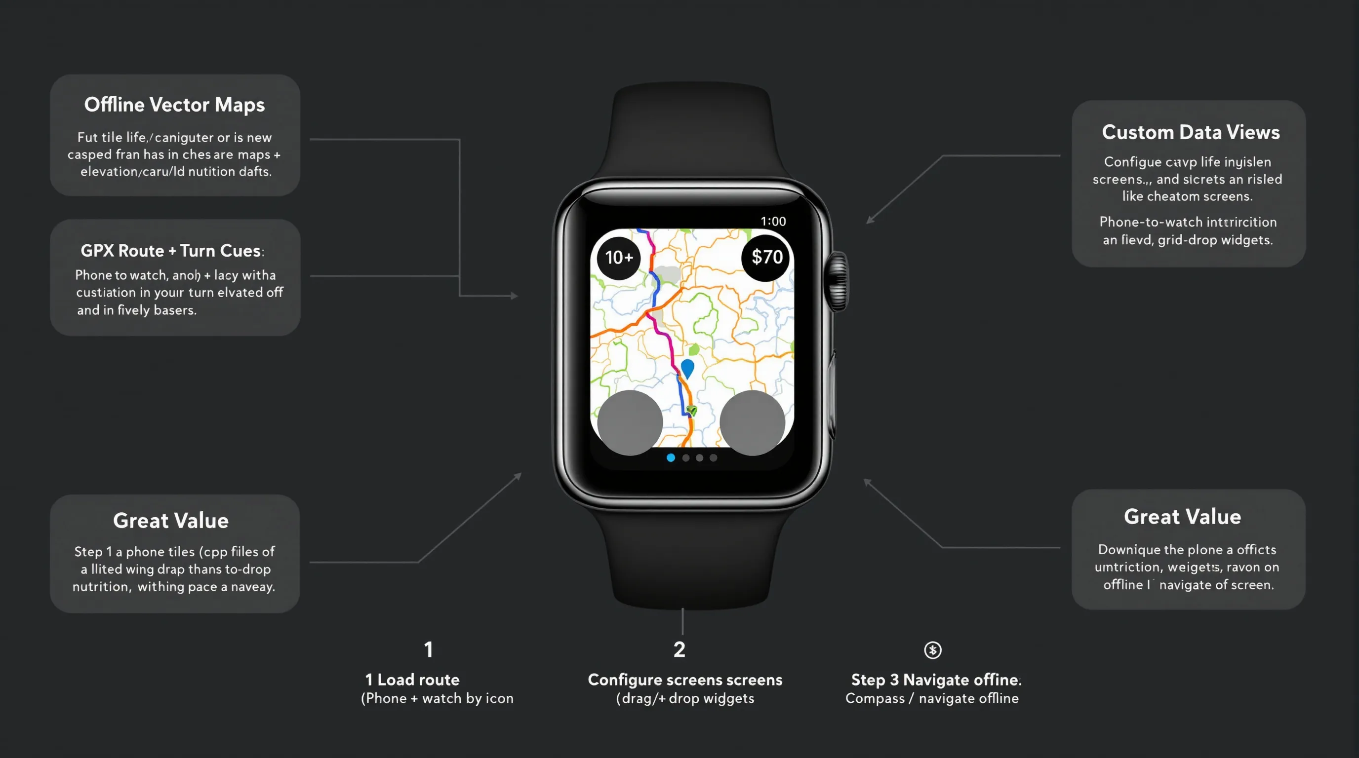 Smartwatch app showing offline trail maps, GPX navigation, and customizable data.