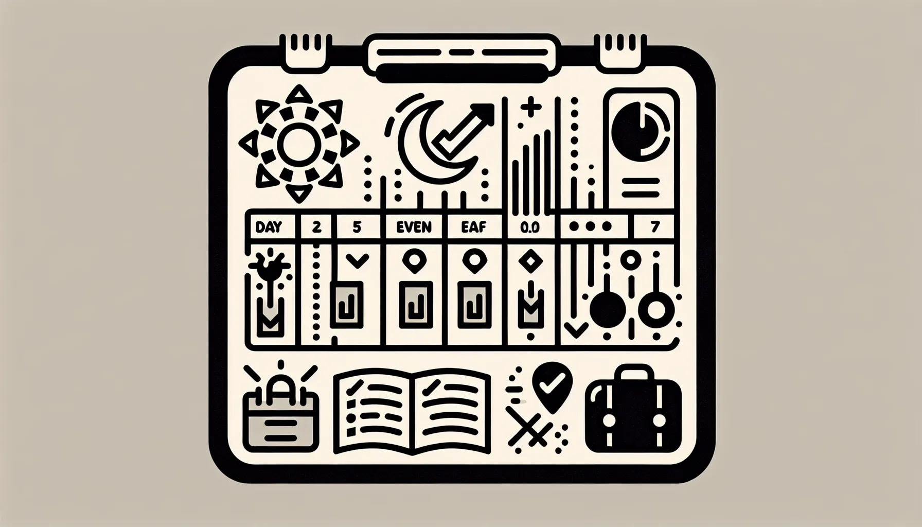 Line art clipboard calendar showing day, evening, weekend, emergency shifts of Veterinary Schedule And Call Duties.