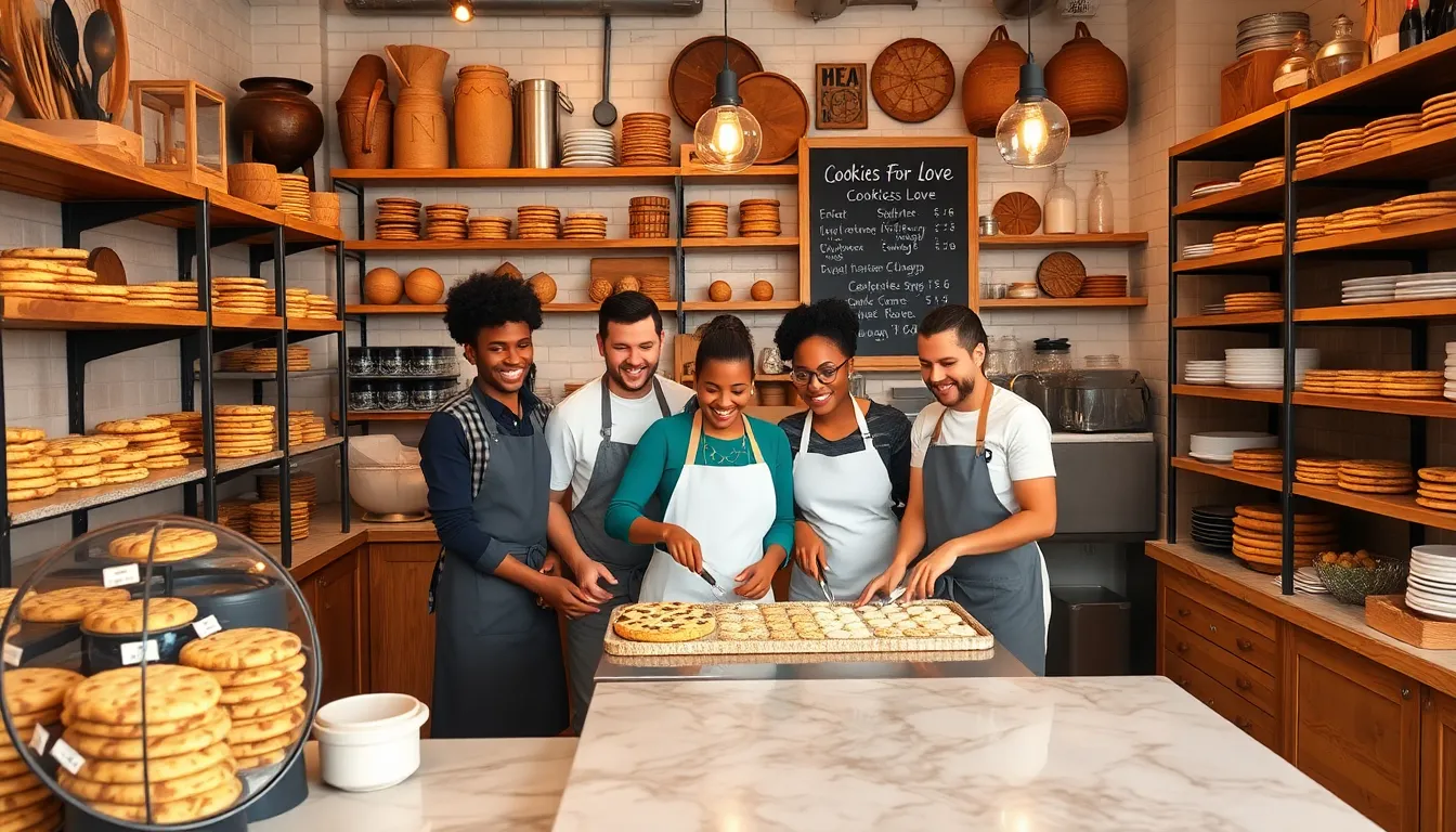 diverse bakers in a warm bakery creating cookies.