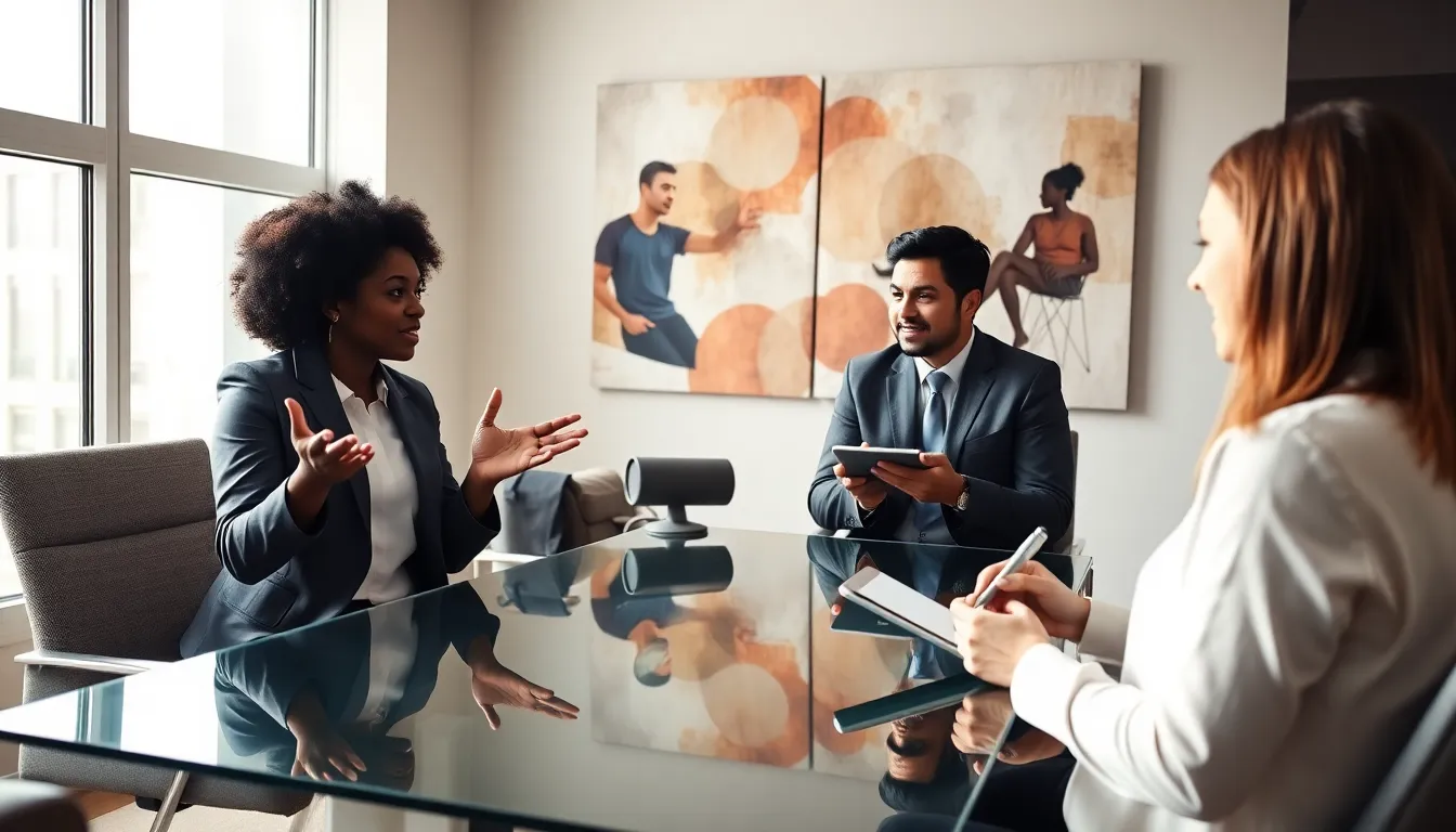 professionals discussing cultural practices in a modern conference room.