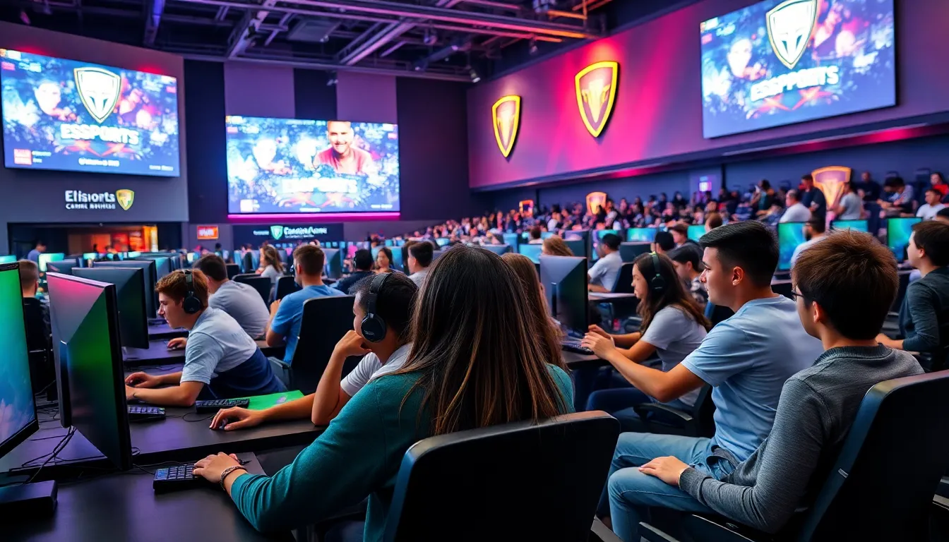 diverse students engaging in esports competition in a college arena.
