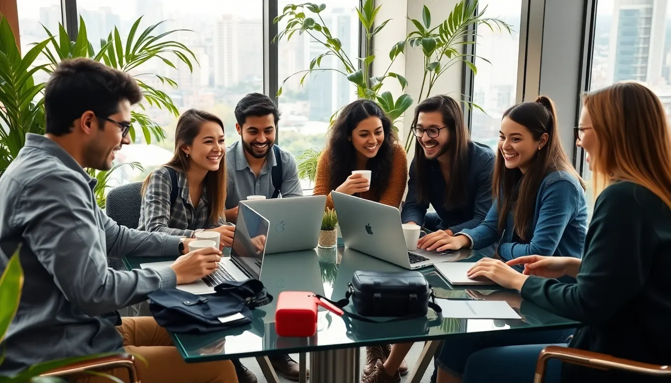 diverse professionals collaborating in a modern workspace.