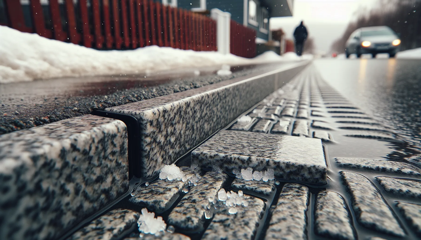 Close-up of durable granite paving draining meltwater on a wet norwegian sidewalk.