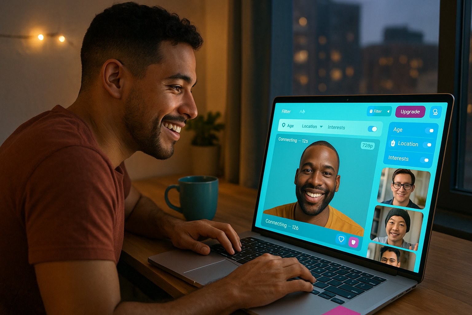 A man using a laptop showing a GayPage-style video chat interface.