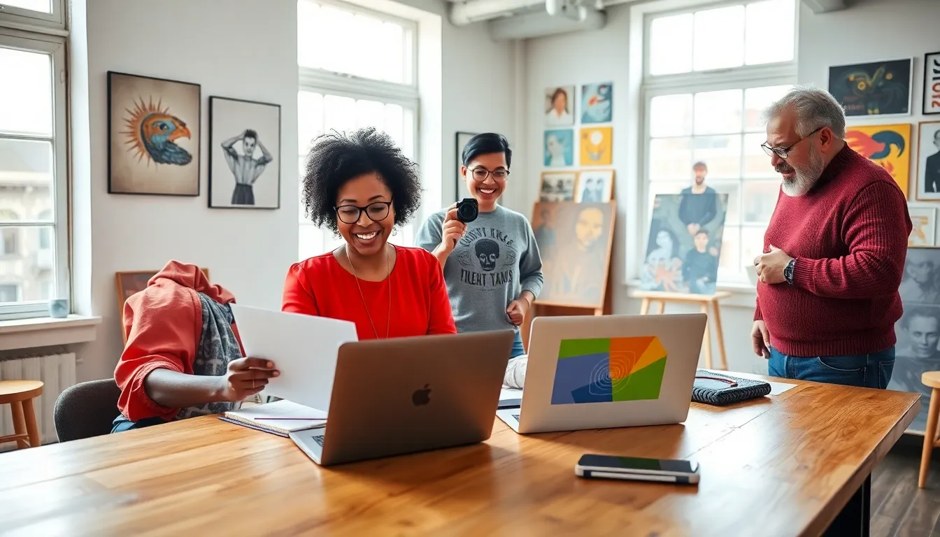 A diverse group of creatives collaborating in a bright studio.