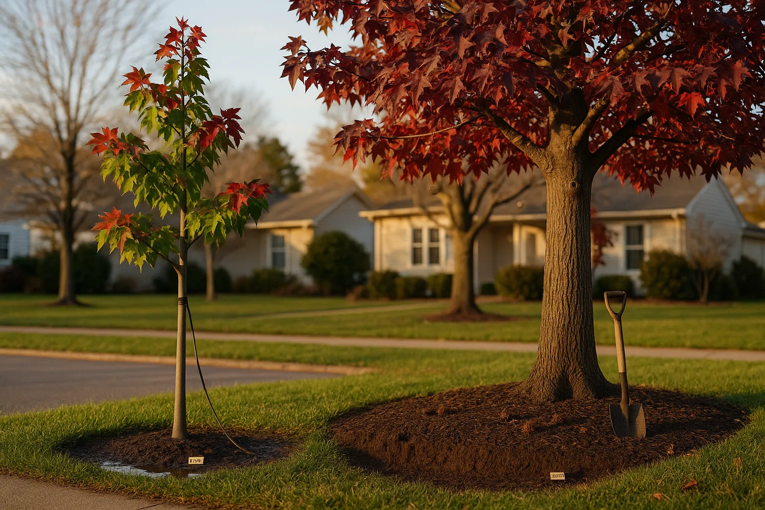 Side-by-side red maple and larger sweetgum on a suburban lawn, showing differences.