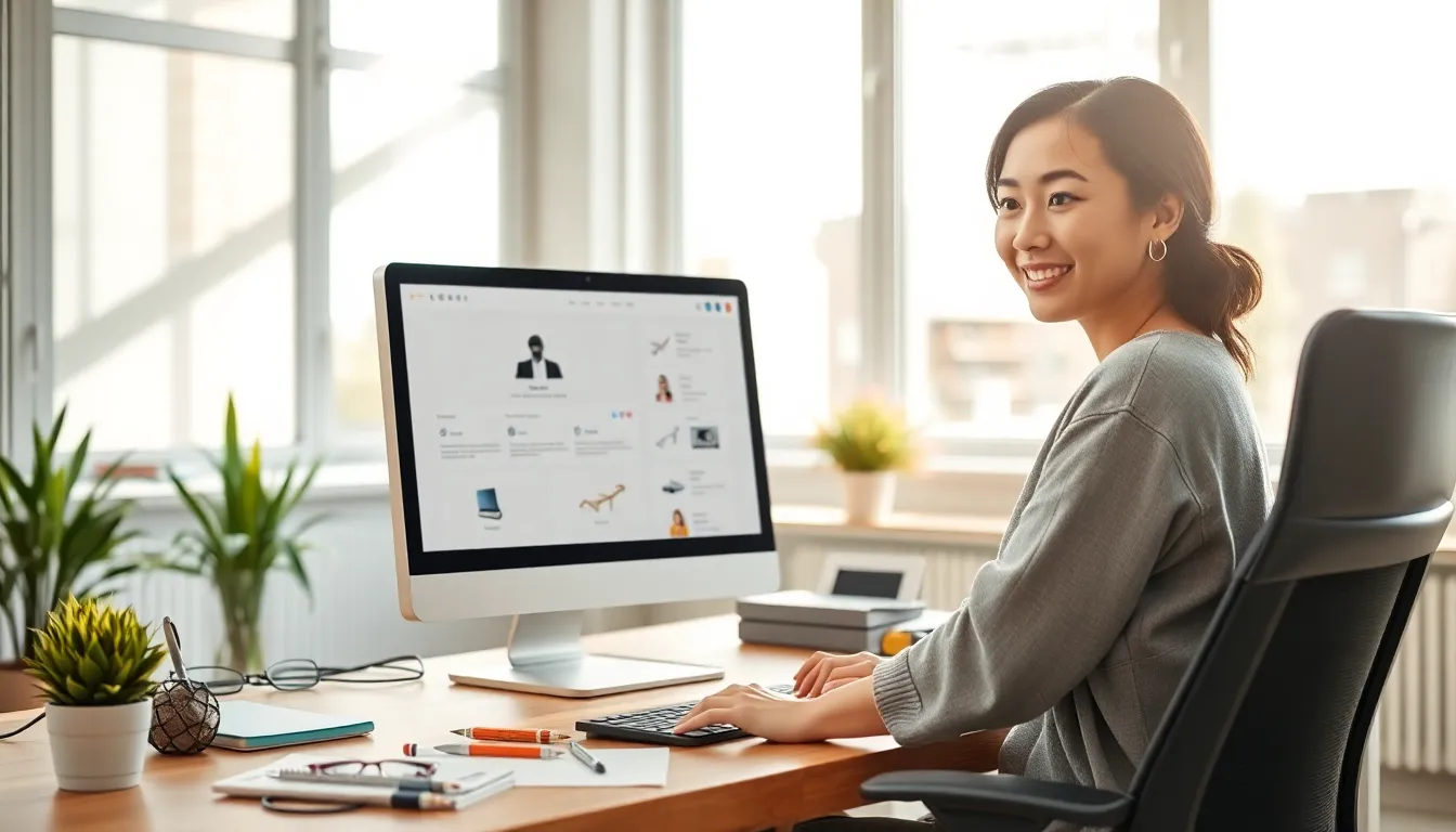 a woman analyzing a responsive website in a bright office.