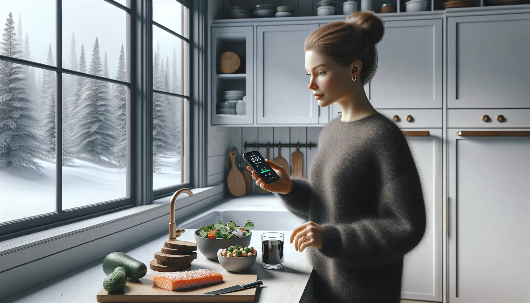 Norwegian woman checks glucose app beside a balanced meal in a bright kitchen.