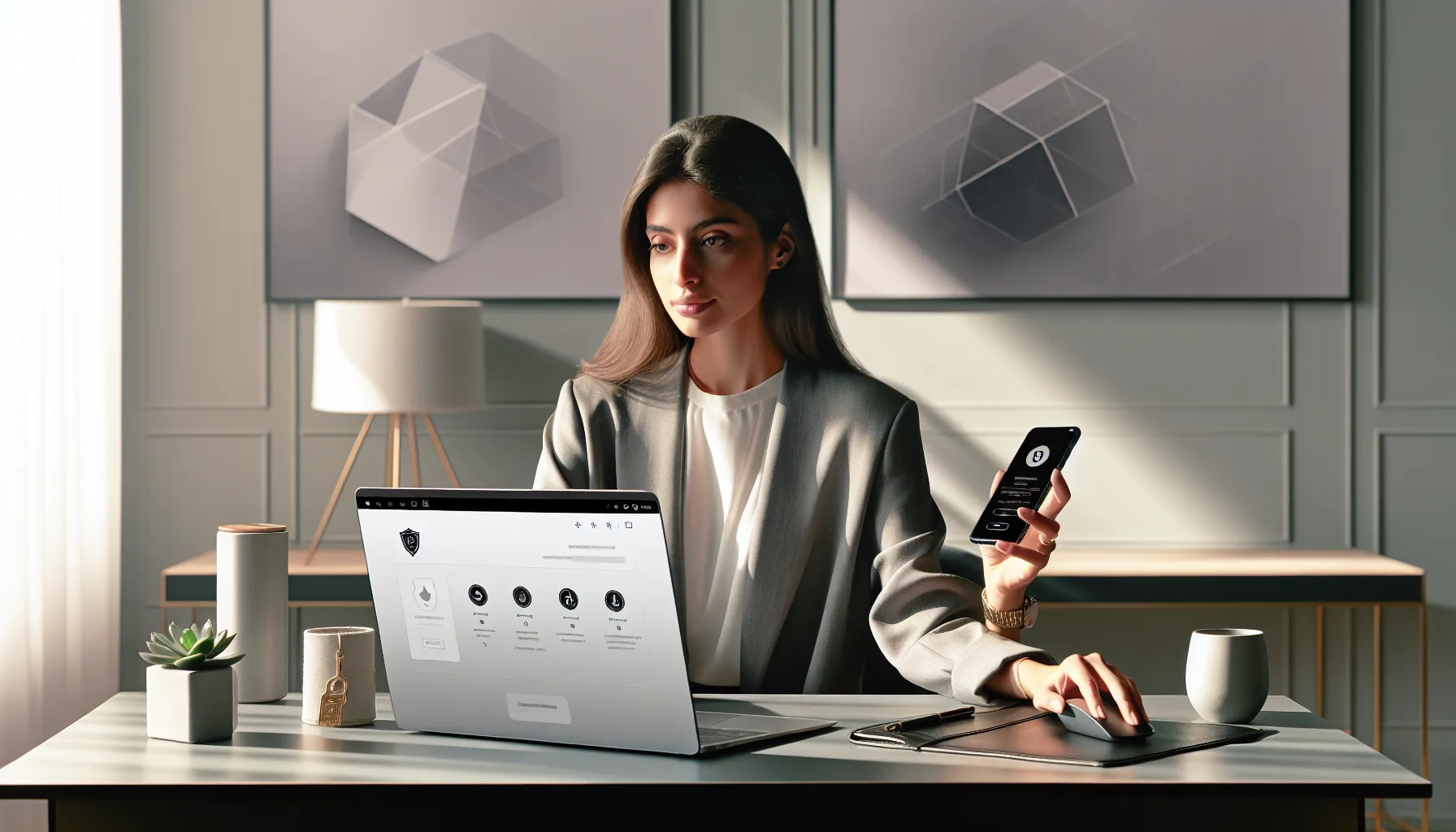 Professional setting up Binance account on laptop with smartphone and UK passport.