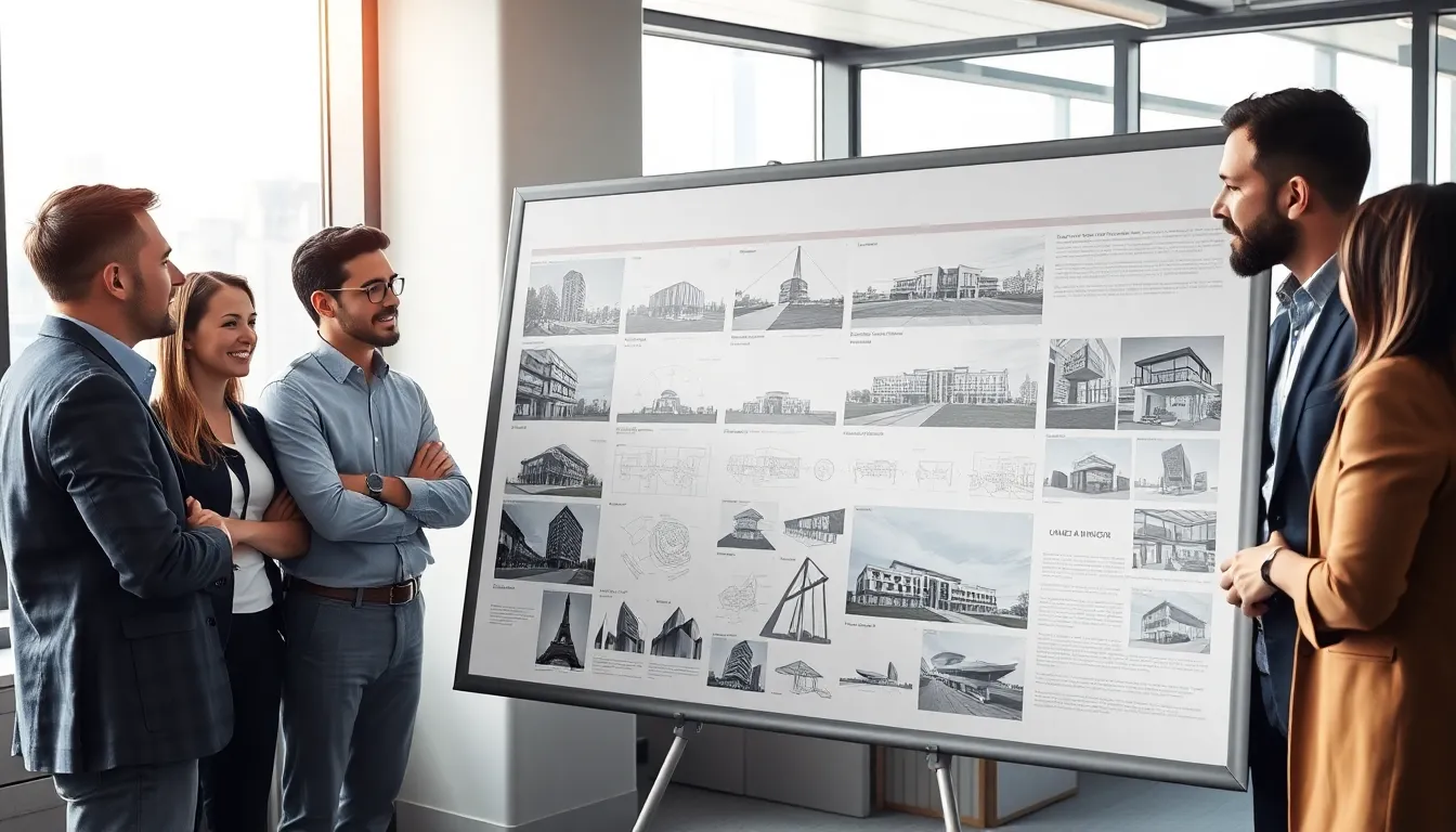 architecture presentation board in a collaborative office setting.
