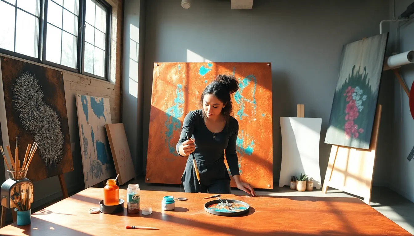 Artist layering paint on a copper canvas in a bright studio.