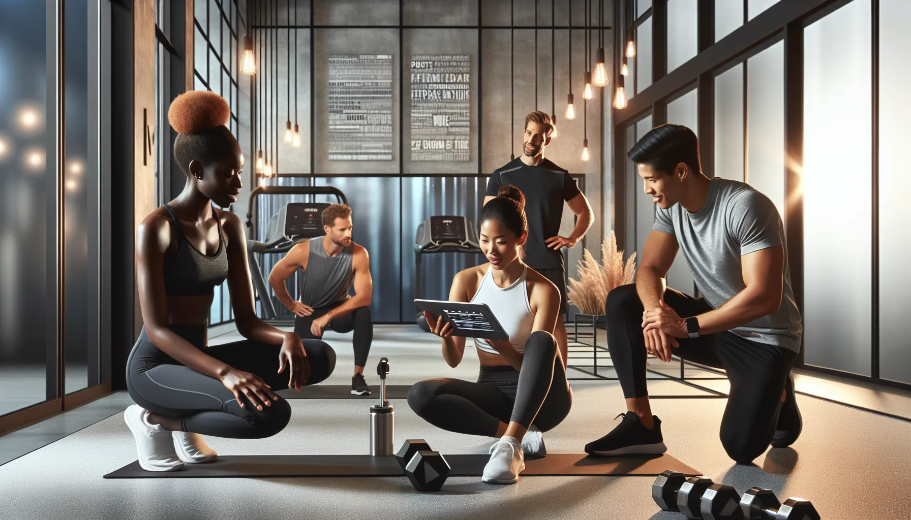 diverse group discussing fitness plans in a modern studio.