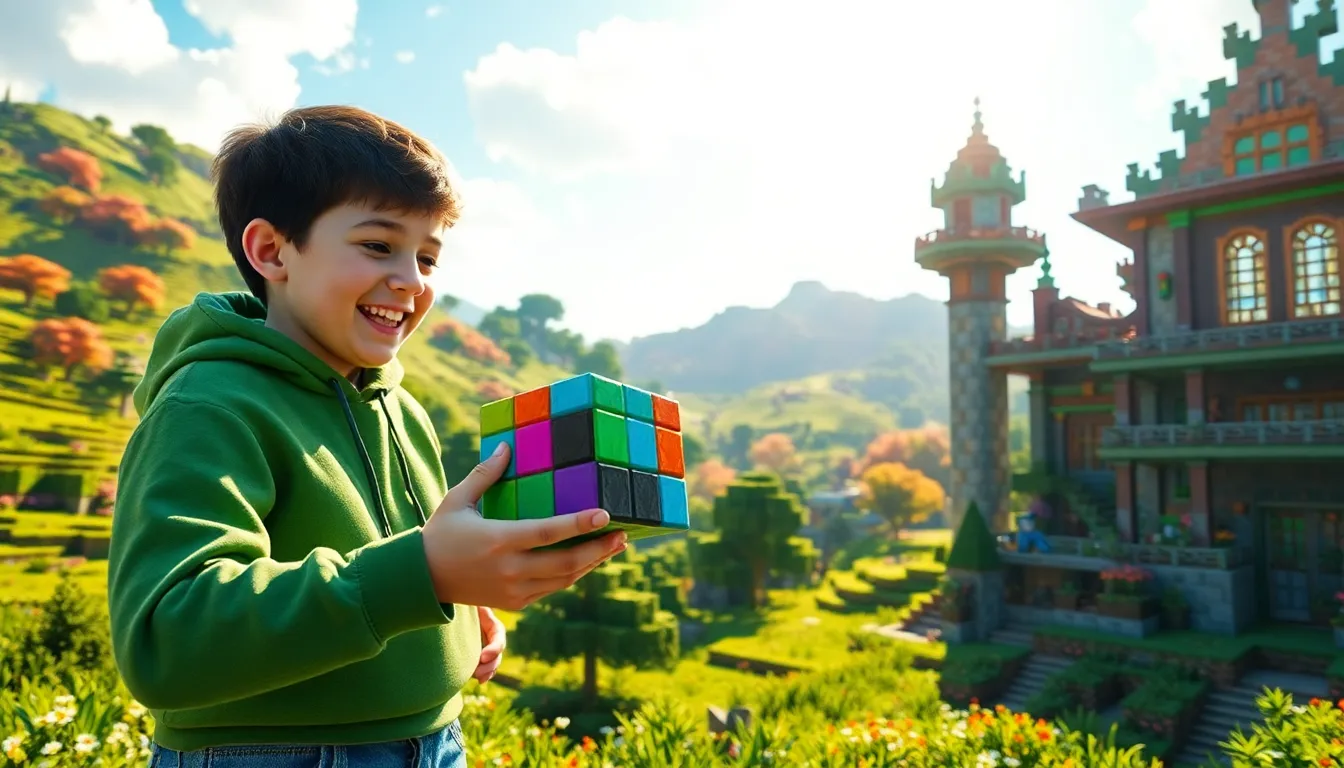 A young gamer exploring a vibrant Minecraft landscape with new features.