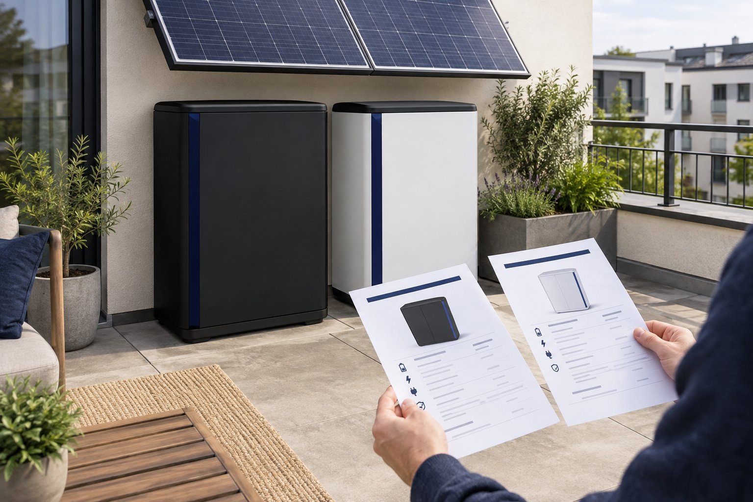 Zwei neutrale Batteriespeicher im Vergleich neben Solarmodulen
