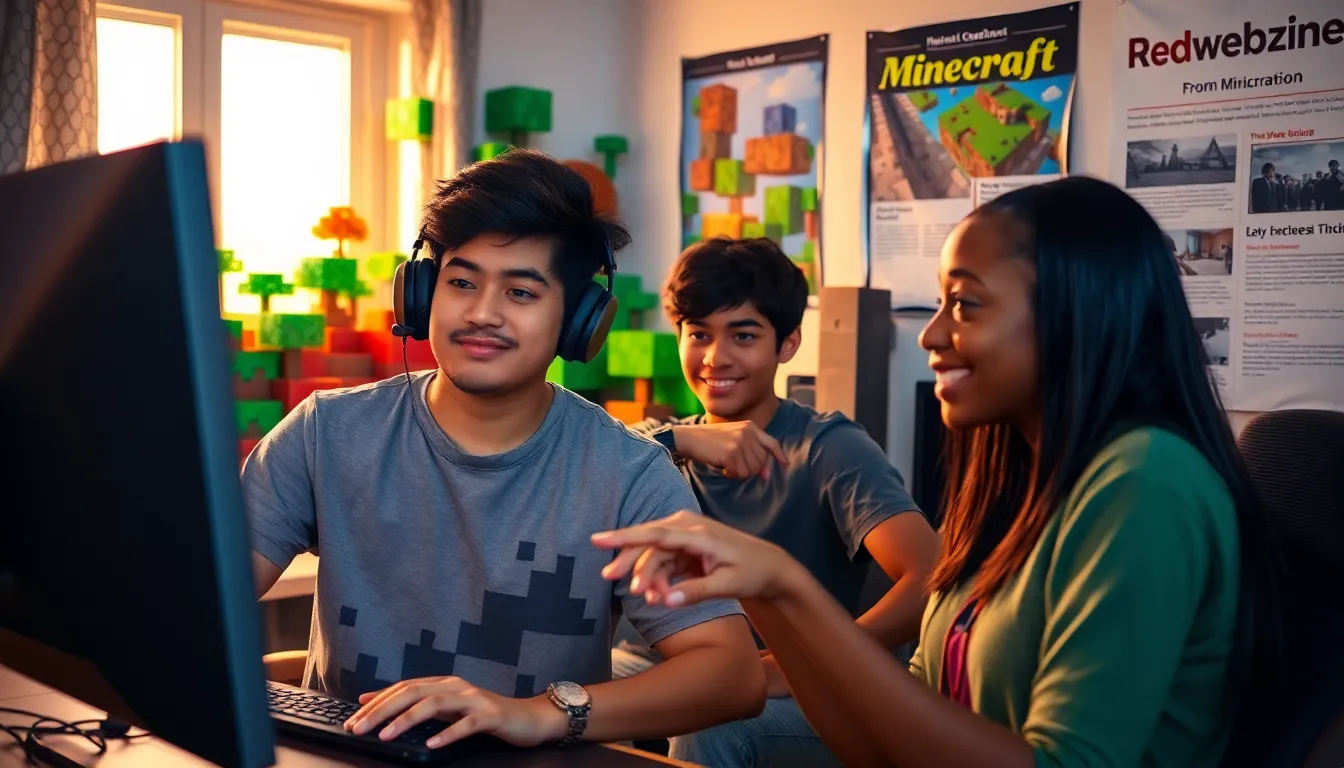 gamers collaborating on Minecraft builds in a cozy room.