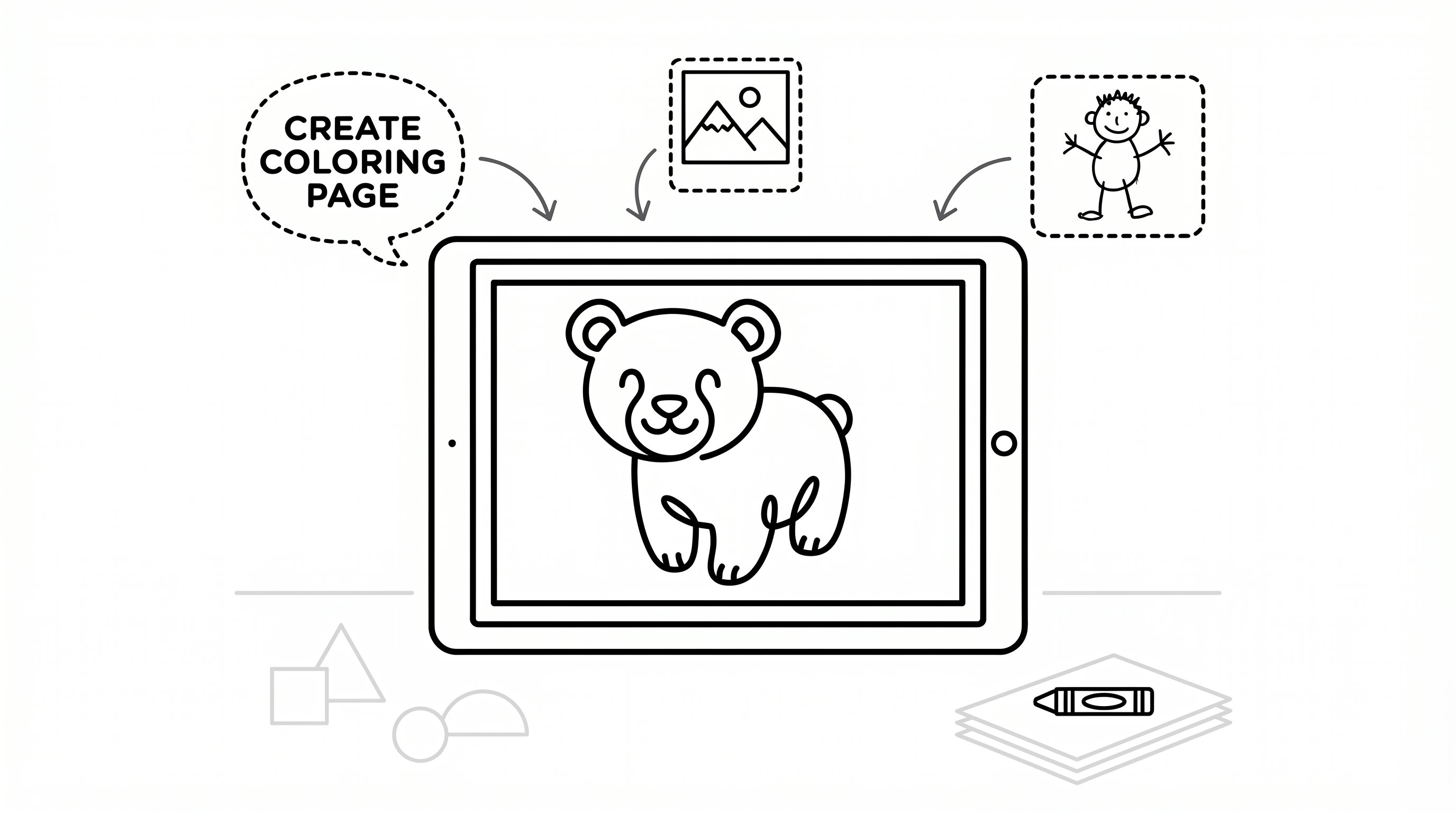 AI turns prompts, photos, and sketches into a printable coloring page.