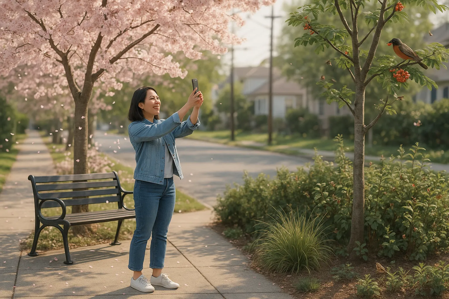 Woman photographing a blooming ornamental cherry with berry-laden rowan and birds nearby.