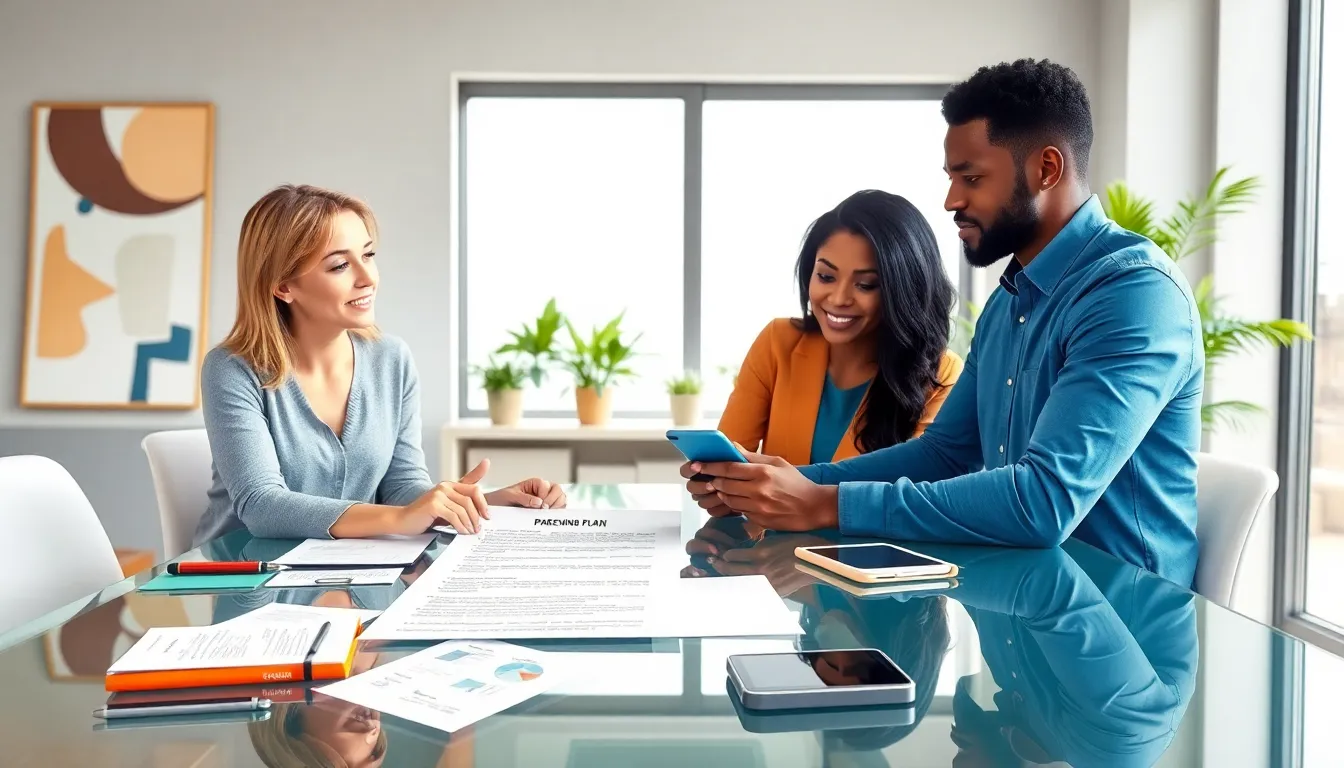 diverse parents discussing a parenting plan in a modern office.