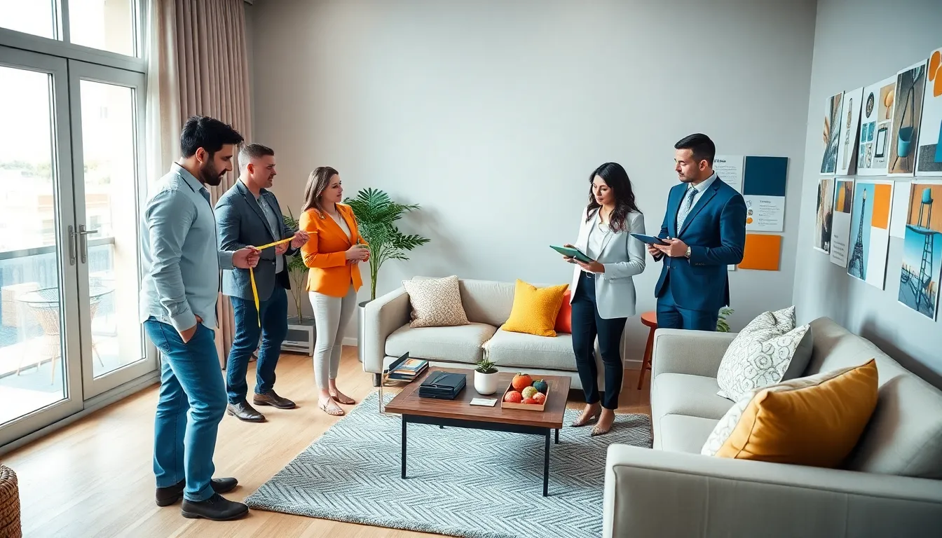 interior decorators measuring and discussing a cozy living room layout.