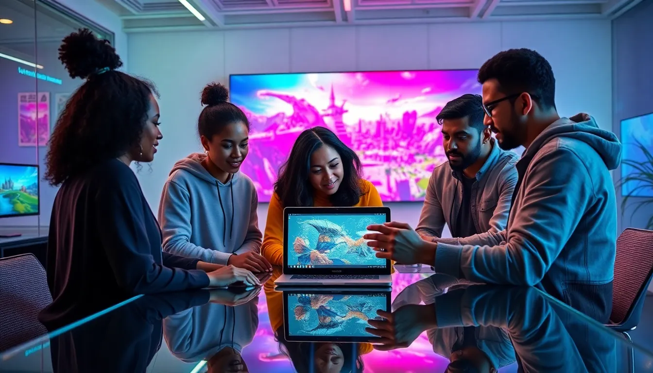 diverse team collaborating on game design in a modern office.