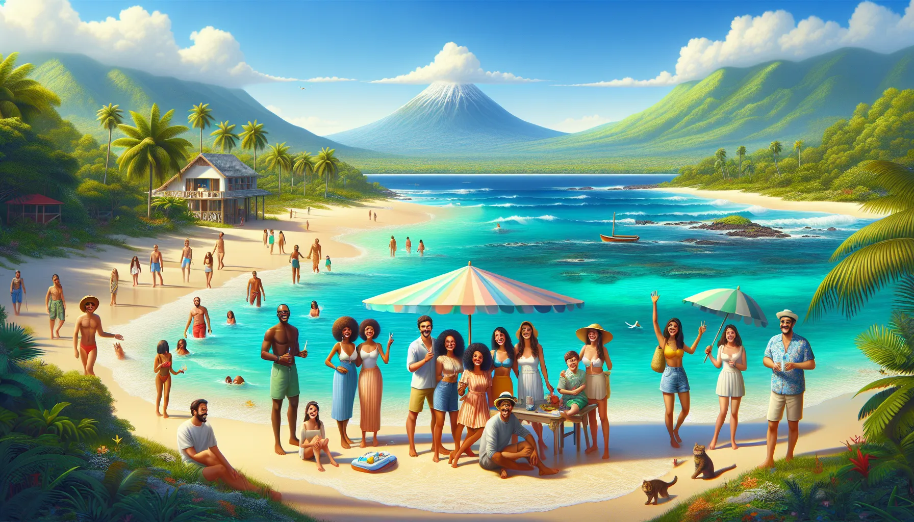 A tropical beach scene at Beevitius Islands with travelers relaxing.