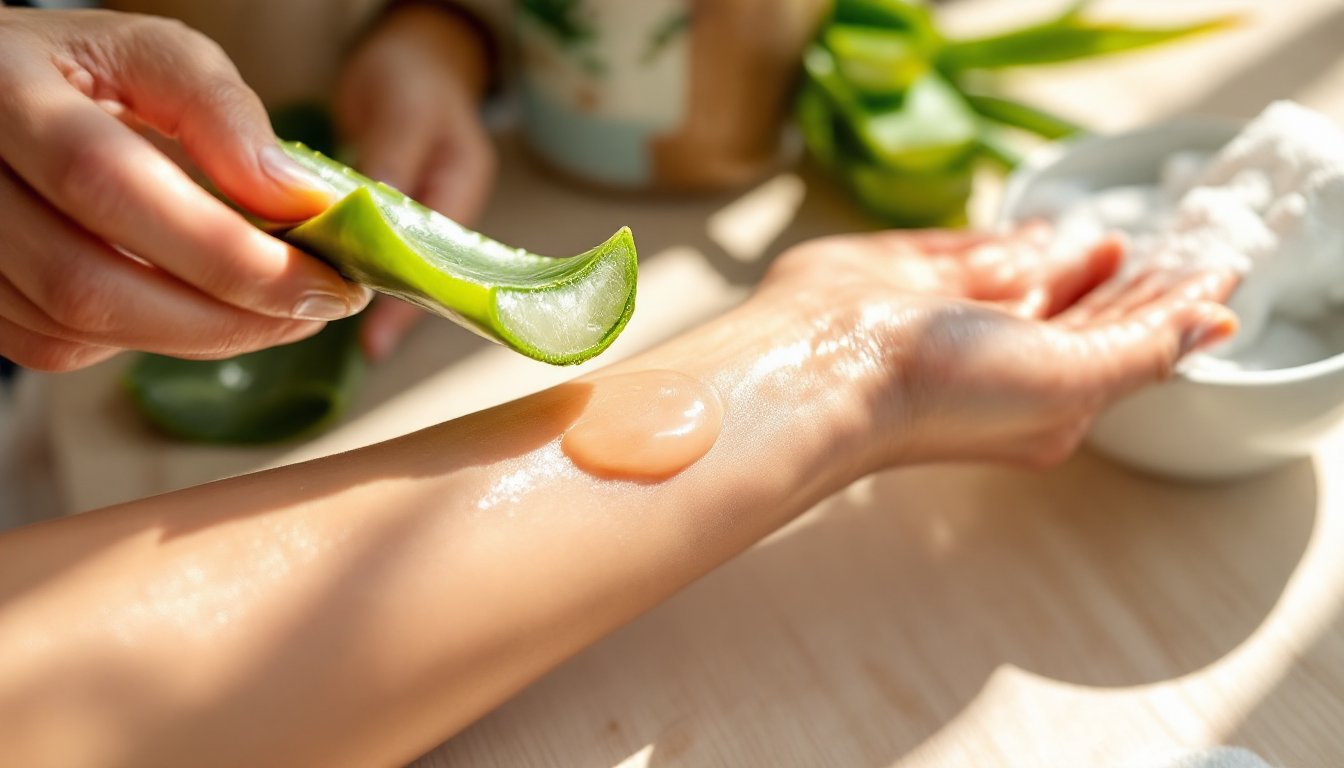 Woman applying fresh aloe vera gel to sunburned skin beside a cool compress.