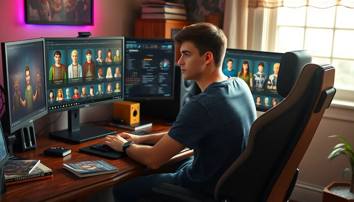 a gamer designing characters using Ck2Generator on dual monitors.